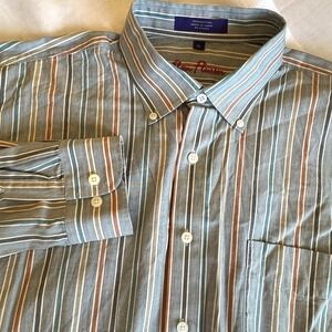 Alan Flusser Men XL Green Brown Blue White Striped Long Sleeve Button Down Shirt
